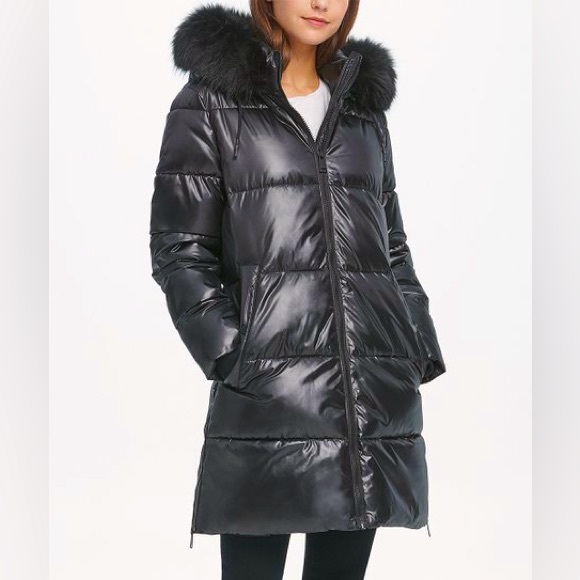 DKNY Women's Quilted Faux Fur Trim Hooded Coat Puffer XS Black